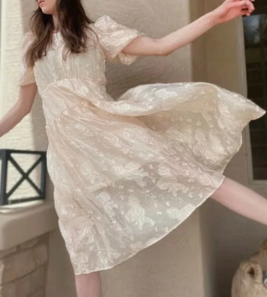 136 Moon River Puff Sleeve Tiered Organza Peach Midi Dress