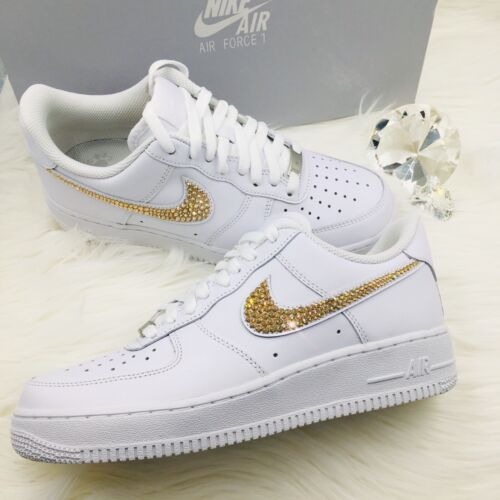 Bling Nike Air Force 1 '07 Shoes with Gold Swarovski Crystal Swoosh - All White - Picture 1 of 2