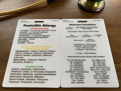 TMG CARDS Medication Calculations and Penicillin Allergy Healthcare, Nursing, Medical Card