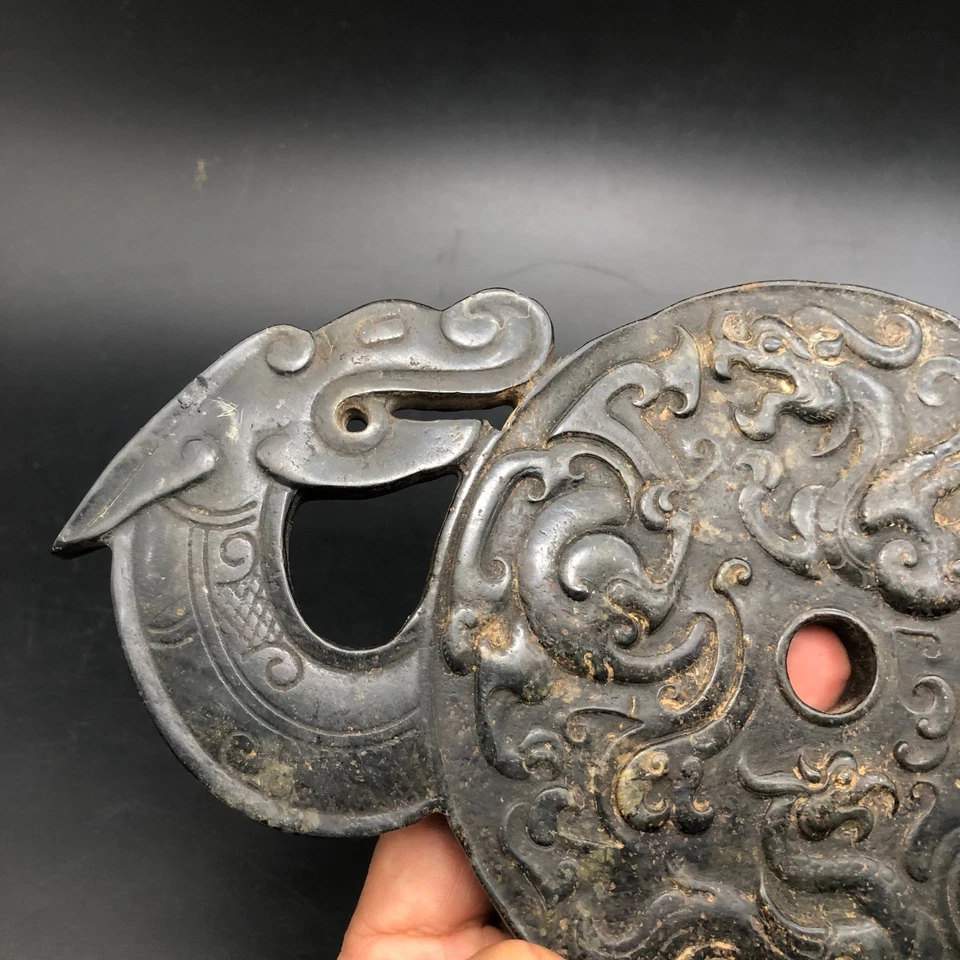 Raro Dragón Fénix "Bi" Yubi L 24.1CM Tallado Jade Hetiano Antiguo China Dinastía Han Foto 3 de 4