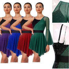 US Women Lyrical Dance Figure Skating Dress Dancewear One Flared Sleeve Costume