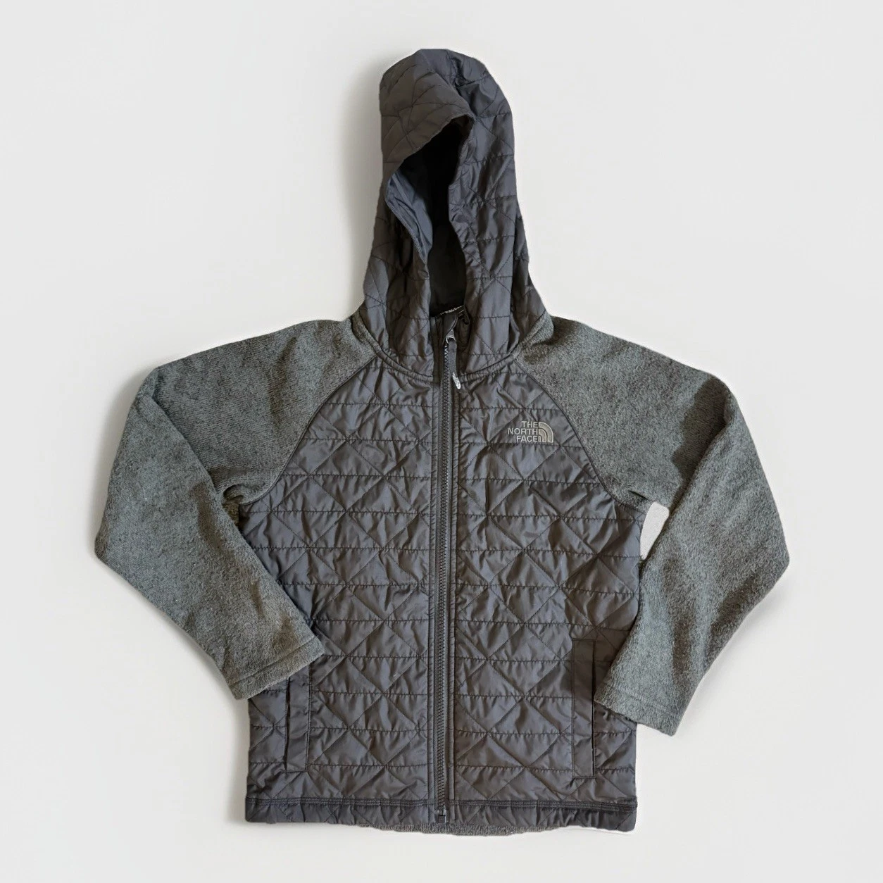 The North Face Boys 7/8 Small Hooded Puffer Quilted Jacket Gray Full Zip Hybrid