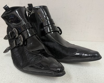 Wolf & Volly Men s Ankle Boots EU 45 US 11.5 Black Hair Calf Leather Buckle 