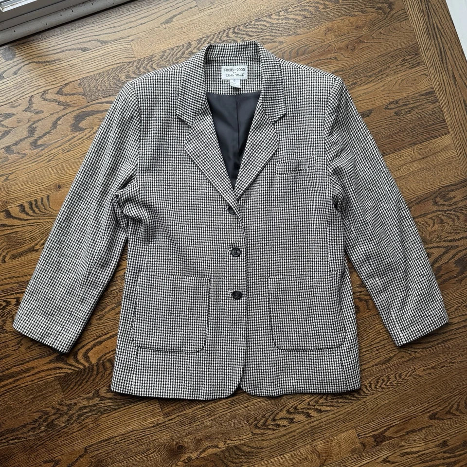 Blazer Focus 2000 de Charles Glueck 100 % seda blanco y negro pata de gallo talla 16 Foto 2 de 4