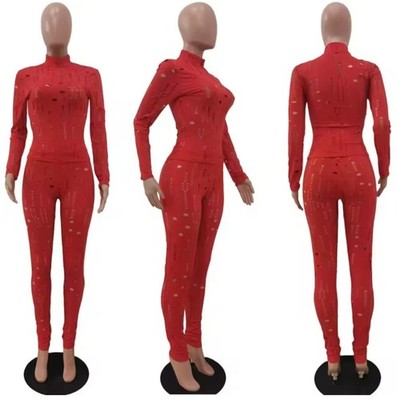 See Through Hollow Out Sexy Two Piece Women Set O Neck Long Sleeve 2 Piece Sets