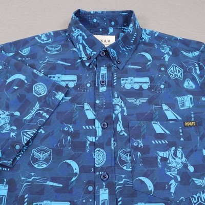 RSVLTS Pixar Buzz Lightyear Button Shirt Mens Small Blue Short Sleeve Geometric