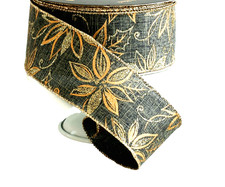 Poinsettias 2.5" x 5 yards Wired Ribbon Metallic Gold on Charcoal Gray Christmas