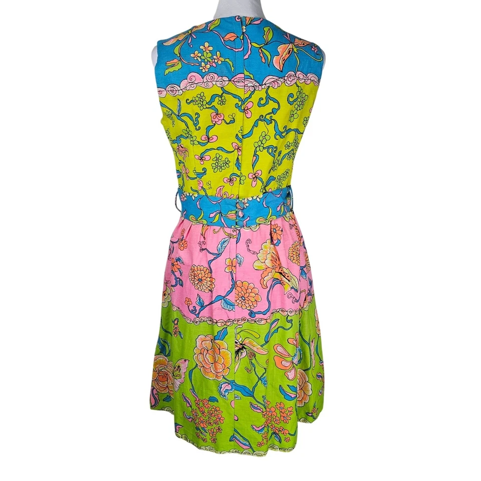 Vtg 60s 70s Psychedelic Mod Sleeveless Midi Dress M Hand Sewn Patchwork Neon - Image 3 of 4