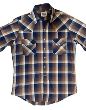 Vtg Ely Cattleman Shirt Men Medium Brown Blue Plaid Western Pearl Snap Cowboy