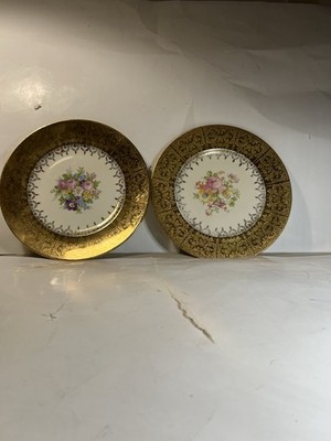  Edgewood China 22K Gold Gilt Floral Plates Set 2 Vintage Dinner Plates