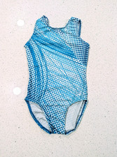 GK Elite Child Large CL Gymnastics Dance leotard Mystique Blue Polka Dot SWIRLS