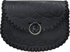 Viking Embossed Belt Bag, Vintage Medieval Faux Leather Side Pack, Black A