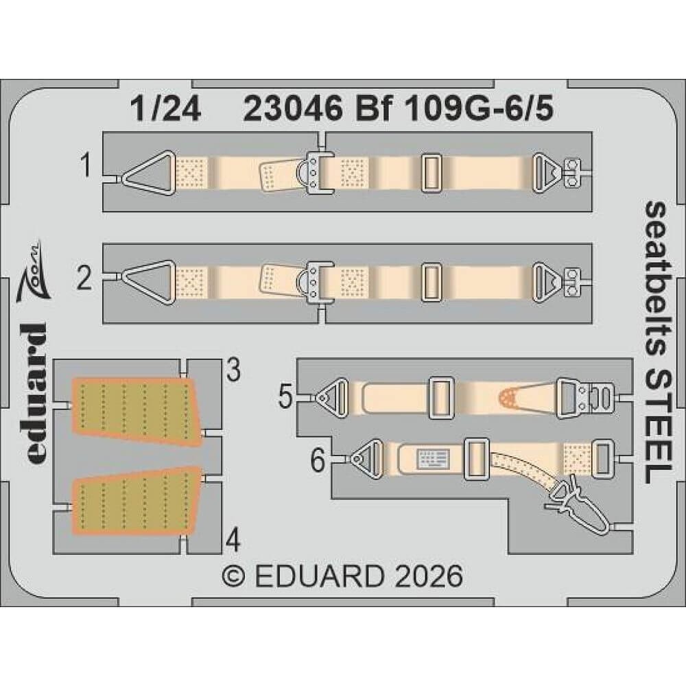 1:24 Messerschmitt Bf-109 G-5 / G-6 - Steel Seatbelts for Airfix 23046 Eduard