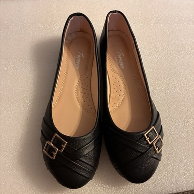 Forever Comfort Women s Black Slip On Ballet Style Flats W/ Decor Buckles Sz 7.5
