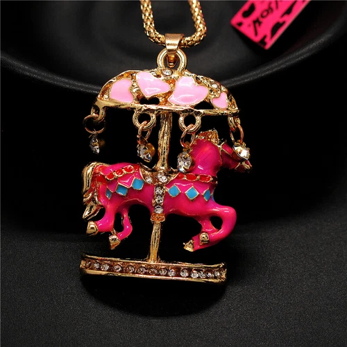 Fashion Women Crystal Rose Enamel Cute Carousel Pendant Sweater Chain Necklace