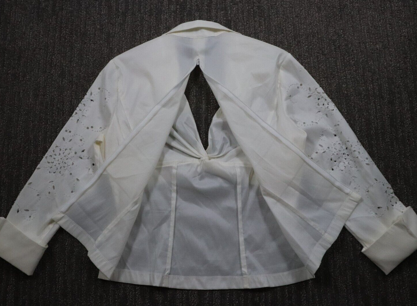 Vintage KM Collections By Milla Bell Blouse Womens 14 Ivory Floral Cutout Beaded image 9