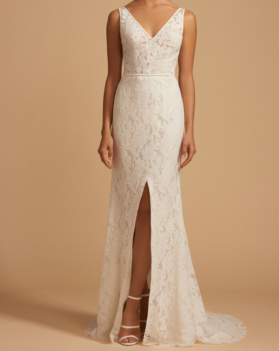knee length dresses for ladies Plunging V-Neck Sleeveless Whimsical Lace A-Line Nude Wedding Dress, Nude Pink