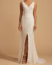 ti adora Allison Webb 7853 Fletcher Wedding Dress 12 Ivory Lace Slit V Neck