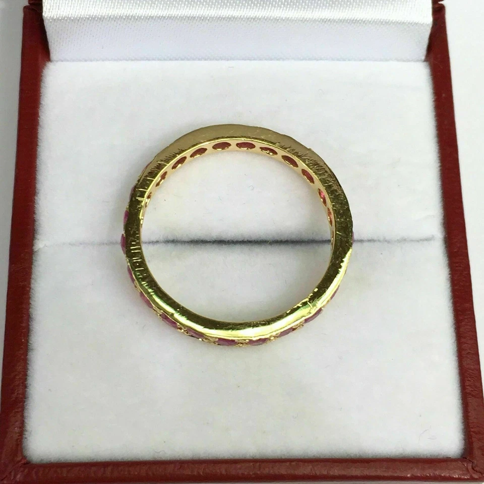 Genuine Red Ruby 2Ct Round Cut Full Eternity Wedding Band 14K Yellow Gold Plated - Image 2 of 4