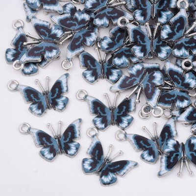 10 Atemberaubende Blau & Weiß Schmetterling Form Silber Ton Charm Anhänger