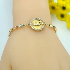 Tri Color Gold Plated Saint Jude Round Medal Bracelet San Judas Oro laminado