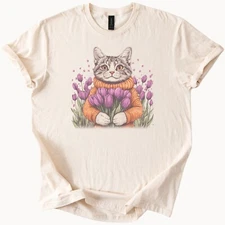 Cute Cat Tulip Sweater T-Shirt Feline Flower Lover Gift Idea