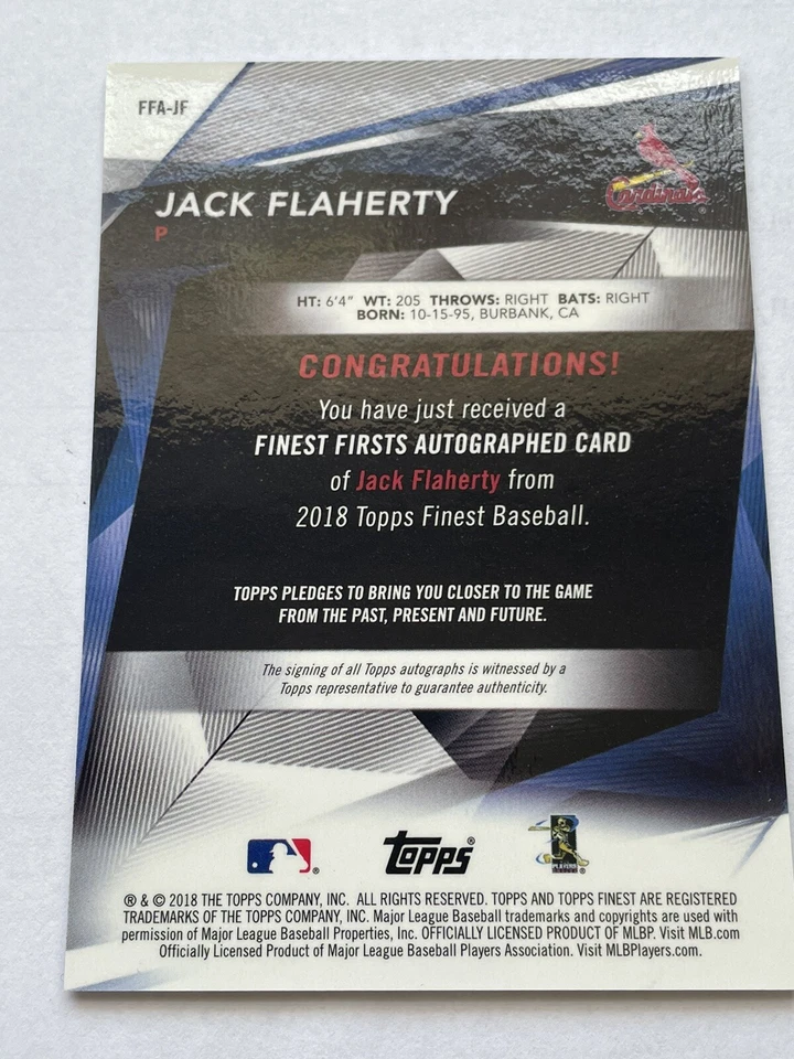 2018 Finest - MINT ROOKIE ROOKIE REFRACTOR Jack Flaherty/St. Louis Cardinals - Image 2 of 2