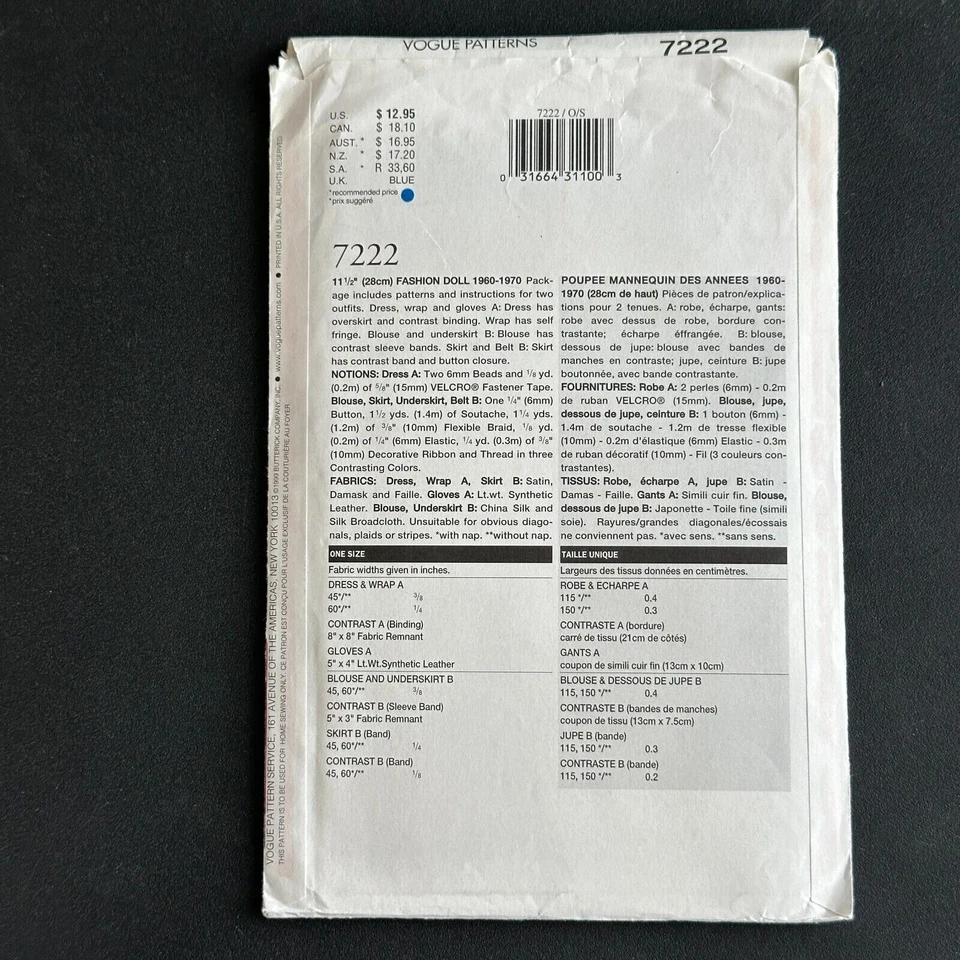 Vogue 7222 Doll Clothes Pattern Barbie 11.5" 1960s 1970s Fashion Outfits Linda C - Image 4 of 4
