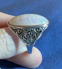 Cute Opalite Style Opal Glass Ring Size 8.5 Silver Tone Oval Shimmer Statement