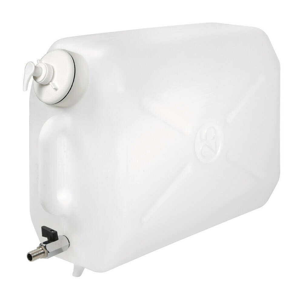 Tanica in plastica, con rubinetto in metallo e dispenser porta sapone - 25 L UNI