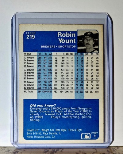 Robin Yount 1984 Fleer MLB #219 Baseball Card Milwaukee Brewers - Picture 2 of 2