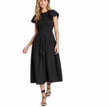 Ulla Johnson Darlene Black Midi Dress With Elastic Waist & Drawstring, Size 6