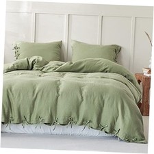 100 Linen Duvet Cover Set 3pcs with Bowknot Ties Closure King Sage Green