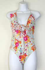 BILABONG NWT 1 Pc Swimsuit Sz. M Halter Multicolor Floral & Dots Flounce  #02