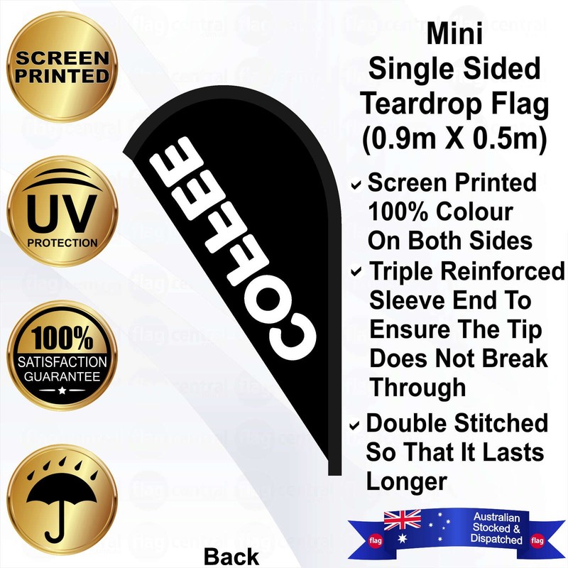F - COFFEE Black 1.2m Teardrop Flag / Banner Kit with Pole Set and a Galvanised Steel Ground Spike - 2