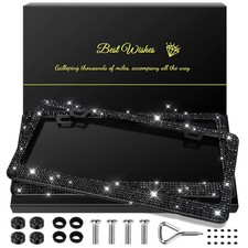 2 Pack Sparkly Rhinestone License Plate Frames for Women, Glitter Car Accessorie