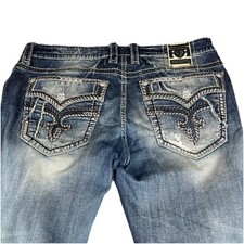 Mens Rock Revival Jeans "Jerret" Acid Wash Leather Inserts Straight 40 X 32