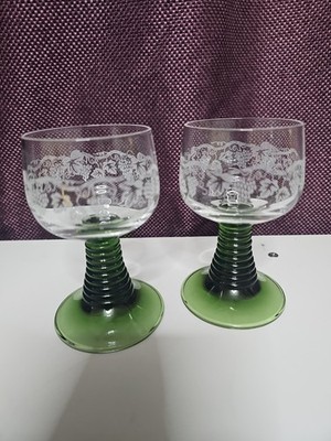 2-France Luminarc 1L cordial/wine goblets green beehive stem gold grapes/leaf