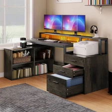 Uforic Computer Desk with LED Light, 65" L Shaped Desk with Shelves & Drawers