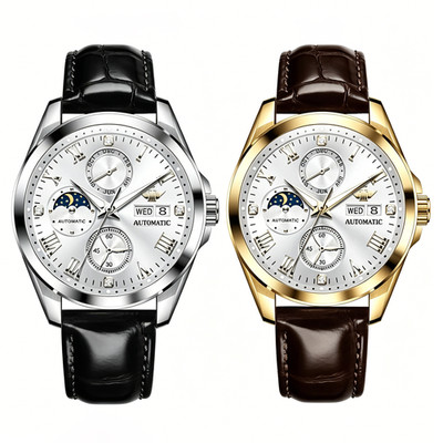 OUPINKE Luxury Moon Phase Automatic Watch Sapphire Mirror Leather Strap Men Watc