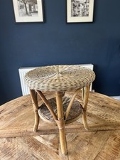 Vintage Rattan Side Table - Round Two Tier Wicker Boho Lamp Plant Stand Retro