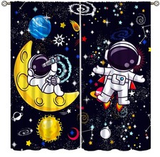 Astronaut Curtains, Cartoon Cute Funny Universe Galaxy Moon Rocket Alien Spac...