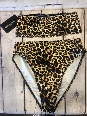 NWT PrettyLittleThing Leopard Bikini High Waisted French Cut Bott US 8- Top US 6