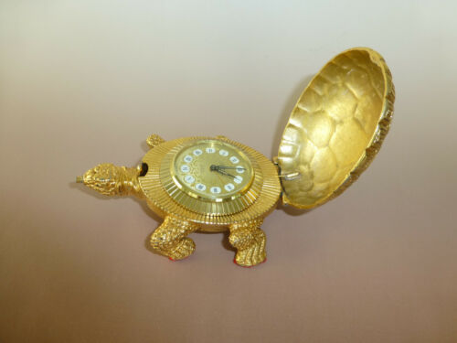 Vintage Schweizer Schleifen Gold vergoldetes Metall Schildkröte Schildkröte Ornament 8 Tage Wecker  - Bild 1 von 12