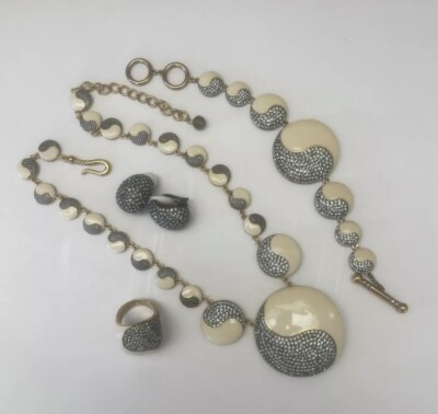 Lot Of 4 Akkad Cream Enamel Crystal Infinite Harmony Neck, Brace, Ring sz 9, ER