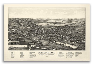 1888 Bellevue Ohio Vintage Old Panoramic City Map - 24x36