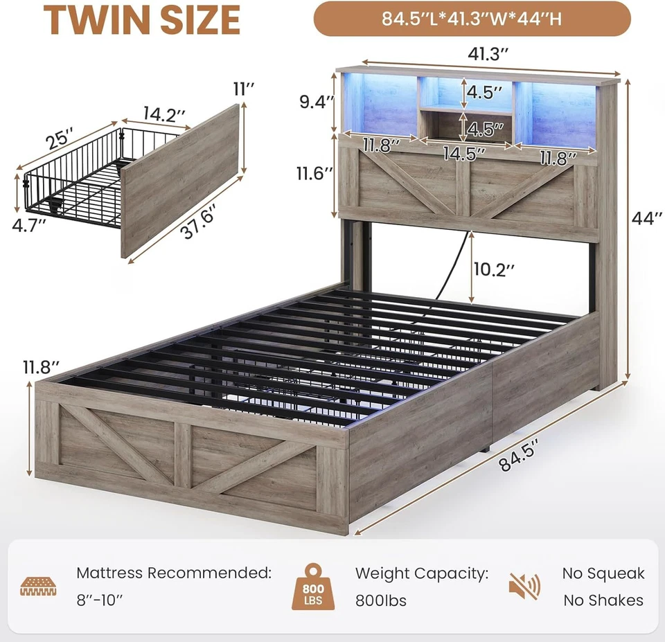 Каркас кровати фермерского дома с изголовьем книжного шкафа для хранения и 4 ящиками. Светодиодная деревянная кровать - Изображение 3 из 4