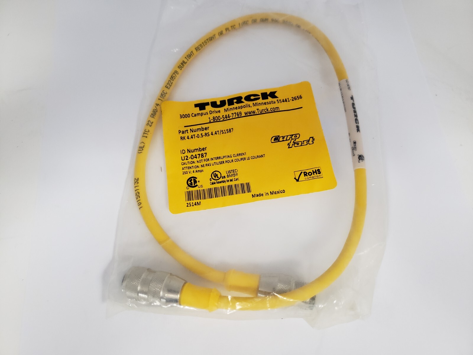 TURCK RK4.4T-0.5-RS 4.4T/S1587 CORDSET DOUBLE ENDED (U2-04787) NIB