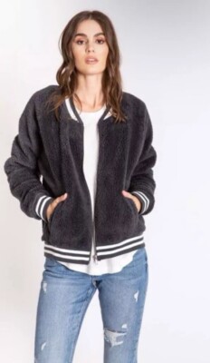 New PJ SALVAGE WOMENS BOMBER BABE BLACK PLUSH ZIP FRONT JACKET SIZE SMALL