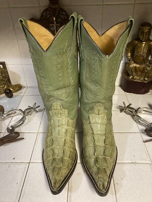 CUSTOM SHOP GREEN CAIMAN TAIL VINTAGE WESTERN COWBOY RANCH HAND RODEO BOOTS 7 M